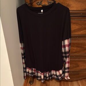 Plaid Accent Long Sleeve Top - Black